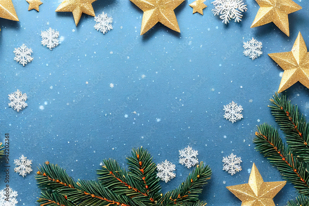 Christmas and new year card with fir branches with decorations on blue backgound.AI Christmas and new year card with fir branches with decorations on blue backgound.AI