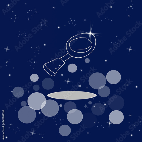 Frying pan  dishes  cooking. Banner  illustration with dark blue color background.  New concept backdrop  glitter effect