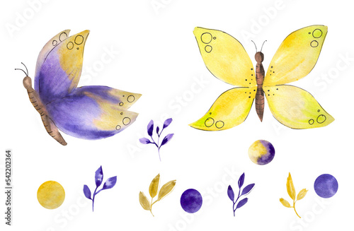 Wallpaper Mural Watercolor set in purple and yellow. Two butterflies and graphic elements, twigs and balls. Insects, summer. Elements for design creation Torontodigital.ca