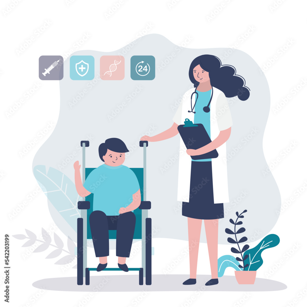 Cute child sits in a wheelchair and talks to woman doctor. Recovery, rehab, disabled baby in medical clinic. Healthcare, support for children with health problems.