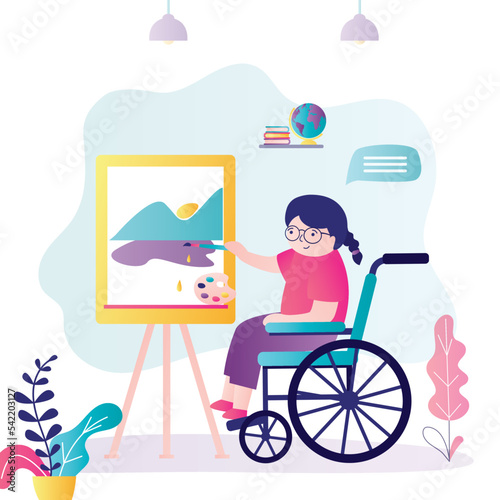 Art class. Small girl in wheelchair draws picture on an easel. Early childhood education. Kid preschooler student with brush. Drawing lessons. Class or living room interior.