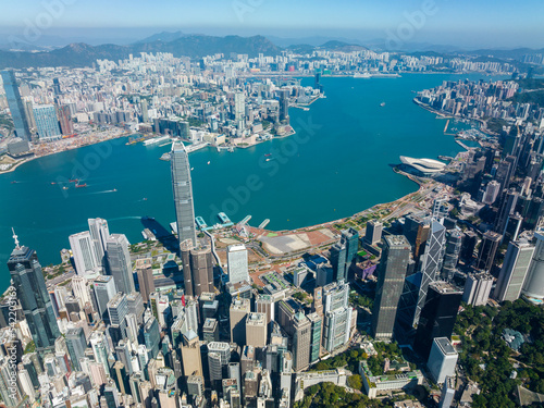 Fototapeta Naklejka Na Ścianę i Meble -  Drone fly up to Hong Kong city