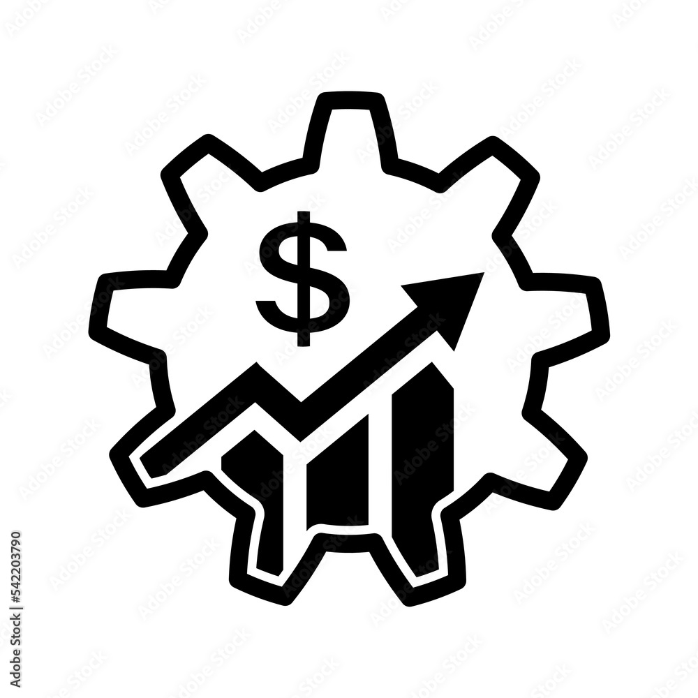 Dollar chart in cogwheel icon in flat style. Business infographic of sales symbol in cog on white. Simple dollar growth with gear icon. Vector illustration for graphic design, logo, UI, mobile app. Dollar chart in cogwheel icon in flat style. Business infographic of sales symbol in cog on white. Simple dollar growth with gear icon. Vector illustration for graphic design, logo, UI, mobile app.