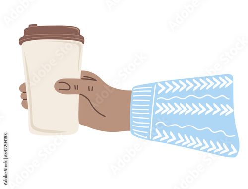 Hand holding disposable coffee cup. Coffee to go cup. Take away food concept. Hand drawn vector illustration