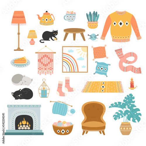 cartoon set of cozy elements in scandinavian style