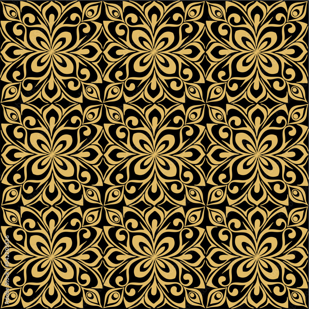 seamless graphic abstract tile pattern, golden geometric ornament on black background, texture, design