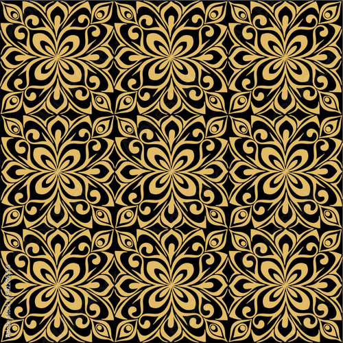 seamless graphic abstract tile pattern, golden geometric ornament on black background, texture, design