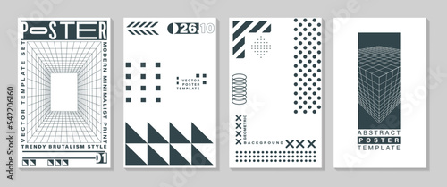Templates of posters, covers, booklets with abstract geometric shapes in the style of brutalism