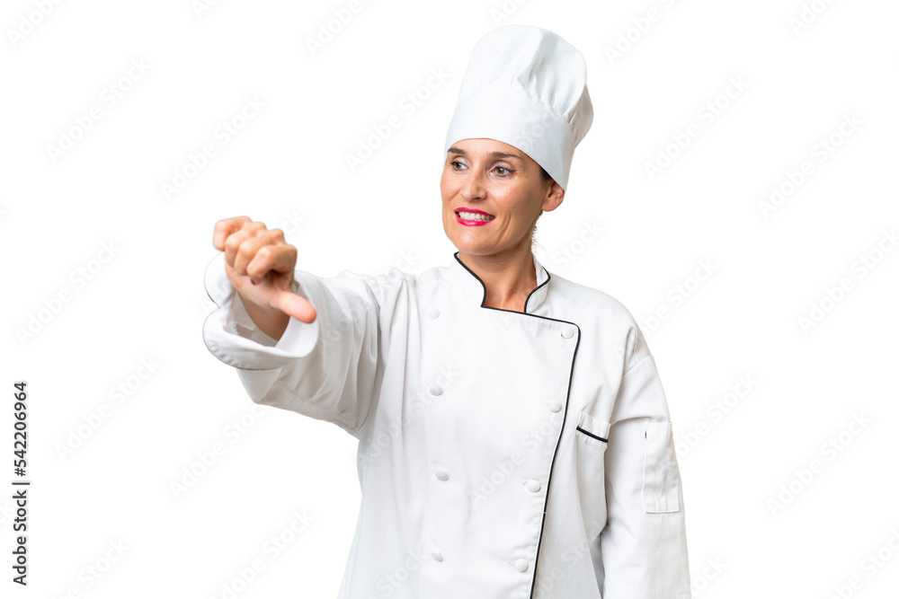 Middle-aged chef woman over isolated background giving a thumbs up gesture Middle-aged chef woman over isolated background giving a thumbs up gesture