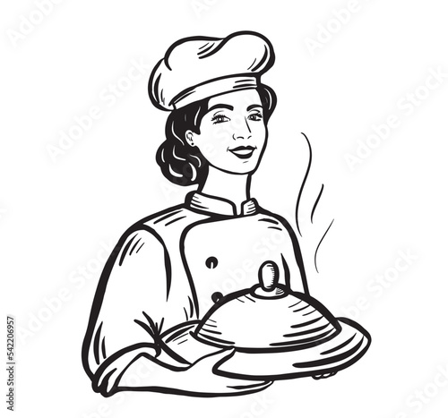Beautiful chef cook woman holding a dish in her hands.Restaurant business concept.Vector illustration.