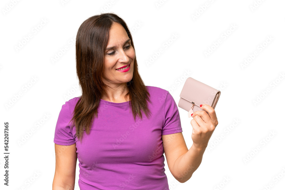 Middle-aged caucasian woman holding a wallet over isolated background with happy expression Middle-aged caucasian woman holding a wallet over isolated background with happy expression