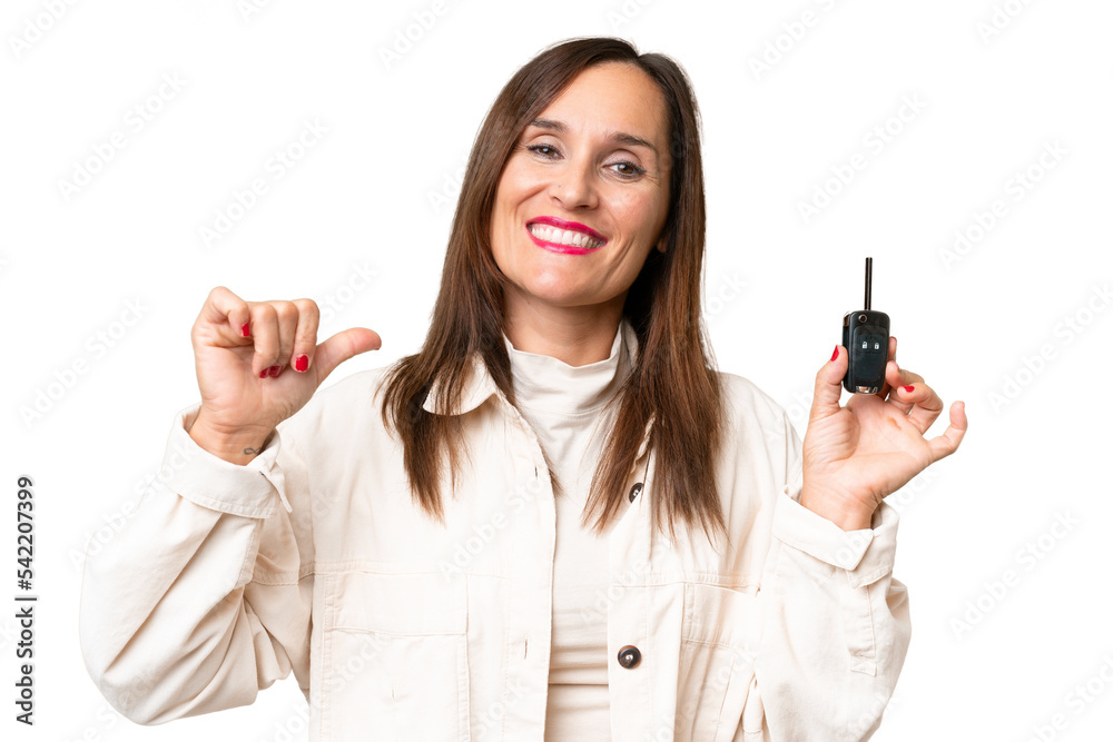 Middle-aged woman holding car keys over isolated background proud and self-satisfied Middle-aged woman holding car keys over isolated background proud and self-satisfied