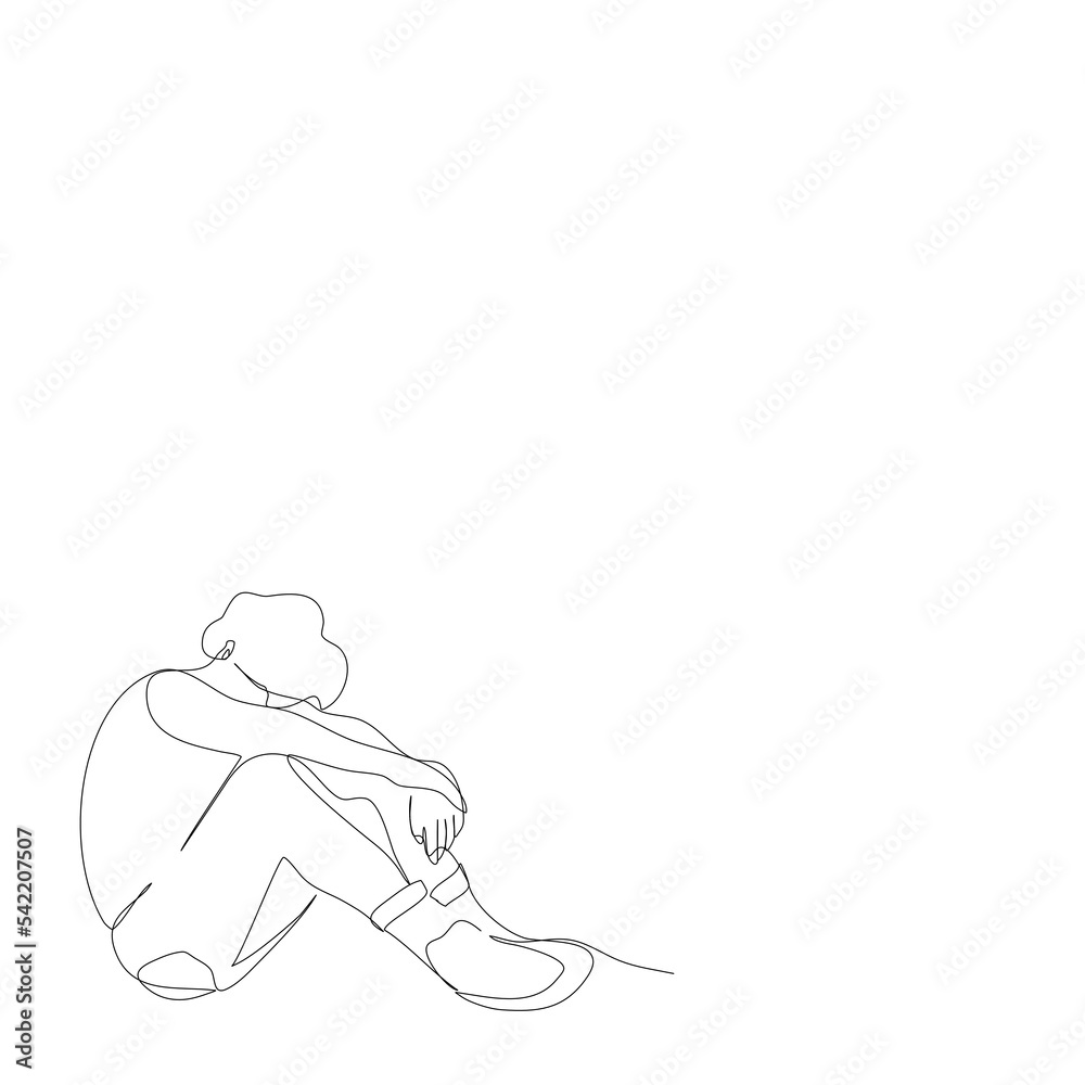 Fototapeta premium One depression man is sitting face down on his knees isolated vector illustration in single line drawing style.Alone Teenager is tried and be absent-minded vector continue line concept healthcare.