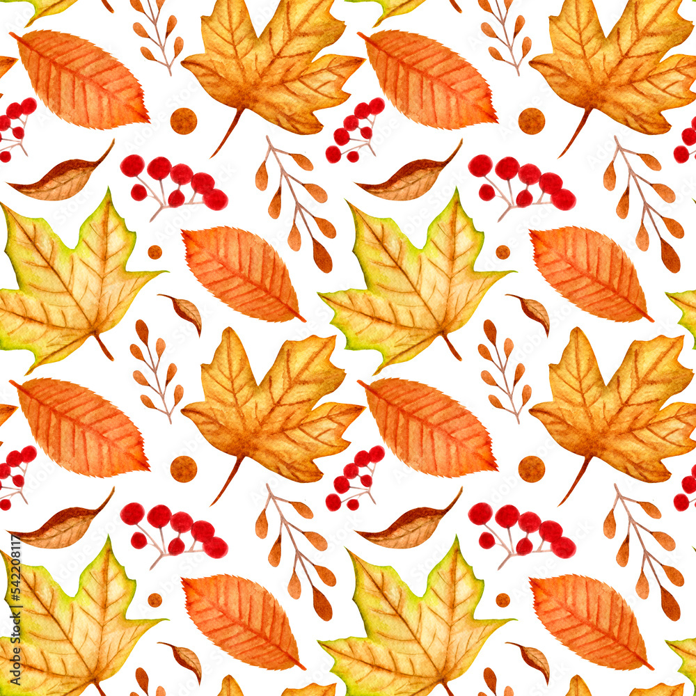 Obraz premium Watercolor seamless pattern, various colorful leaves and berries on a white background. For various autumn poducts.