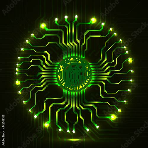 Abstract neon sign fingerprint with circuit board by circumference. Technology concept photo