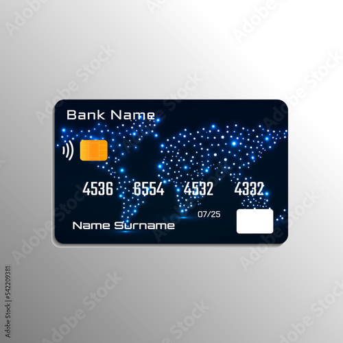 Credit debit card with glowing world map design background