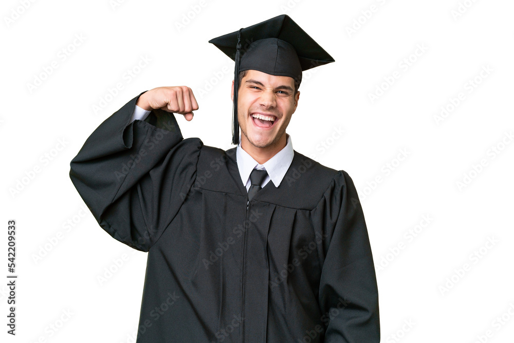 Young university graduate caucasian man over isolated background doing strong gesture Young university graduate caucasian man over isolated background doing strong gesture