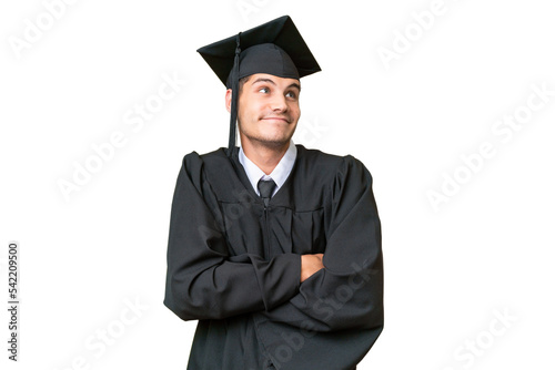 Young university graduate caucasian man over isolated background making doubts gesture while lifting the shoulders
