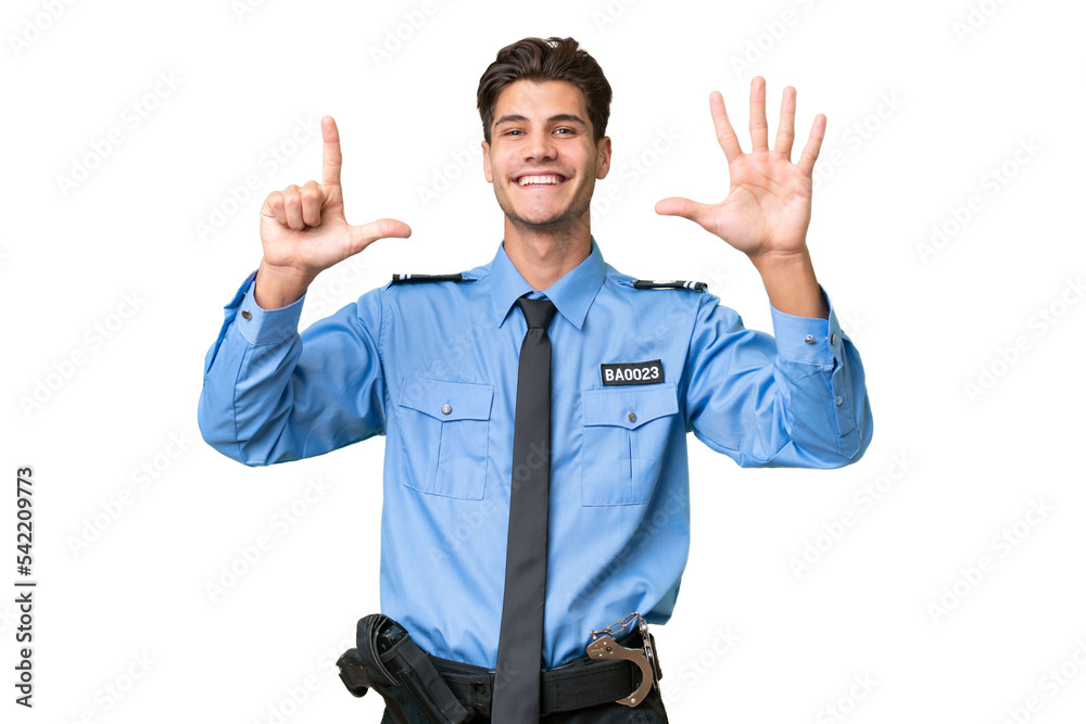 Young police man over isolated background counting seven with fingers Young police man over isolated background counting seven with fingers