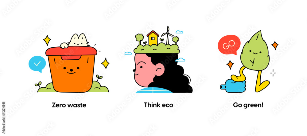 Eco friendly lifestyle and protecting the environment - set of business concept illustrations. Zero waste, Think eco, Go green. Visual stories collection