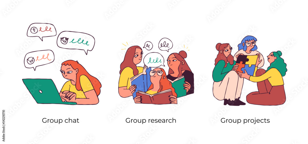Educational and Self-Development. Concept for trainings, seminars, online courses. Group chat, Group research, Group projects. Visual stories collection Educational and Self-Development. Concept for trainings, seminars, online courses. Group chat, Group research, Group projects. Visual stories collection