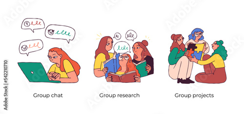 Educational and Self-Development. Concept for trainings, seminars, online courses. Group chat, Group research, Group projects. Visual stories collection