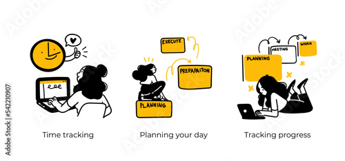 Personal, professional growth and self development business concept illustrations. Time tracking, Planning your day, Tracking progress. Visual stories collection