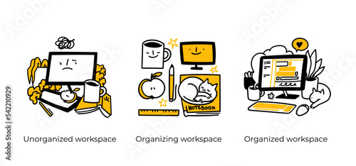 Personal, professional growth and self development business concept illustrations. Unorganized workspace, Organized workspace. Visual stories collection