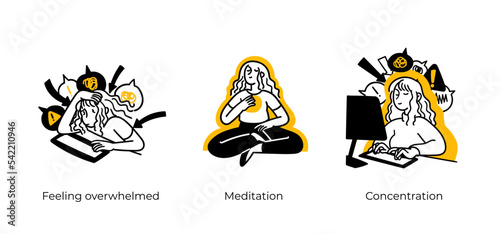 Personal, professional growth and self development business concept illustrations. Feeling overwhelmed, Meditation, Concentration. Visual stories collection