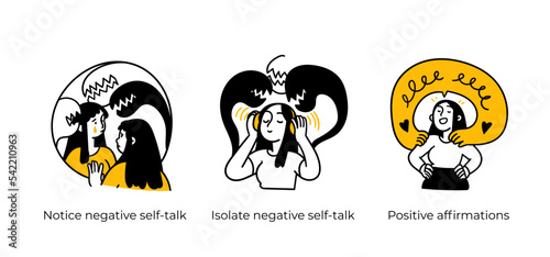 Personal, professional growth and self development business concept illustrations. Notice negative self-talk, Positive affirmations. Visual stories collection