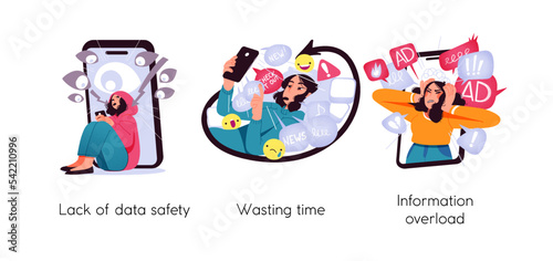 Modern social media problems, peculiarities and differences. Concept business illustrations. Lack of data safety, Wasting time, Information overload. Visual stories collection