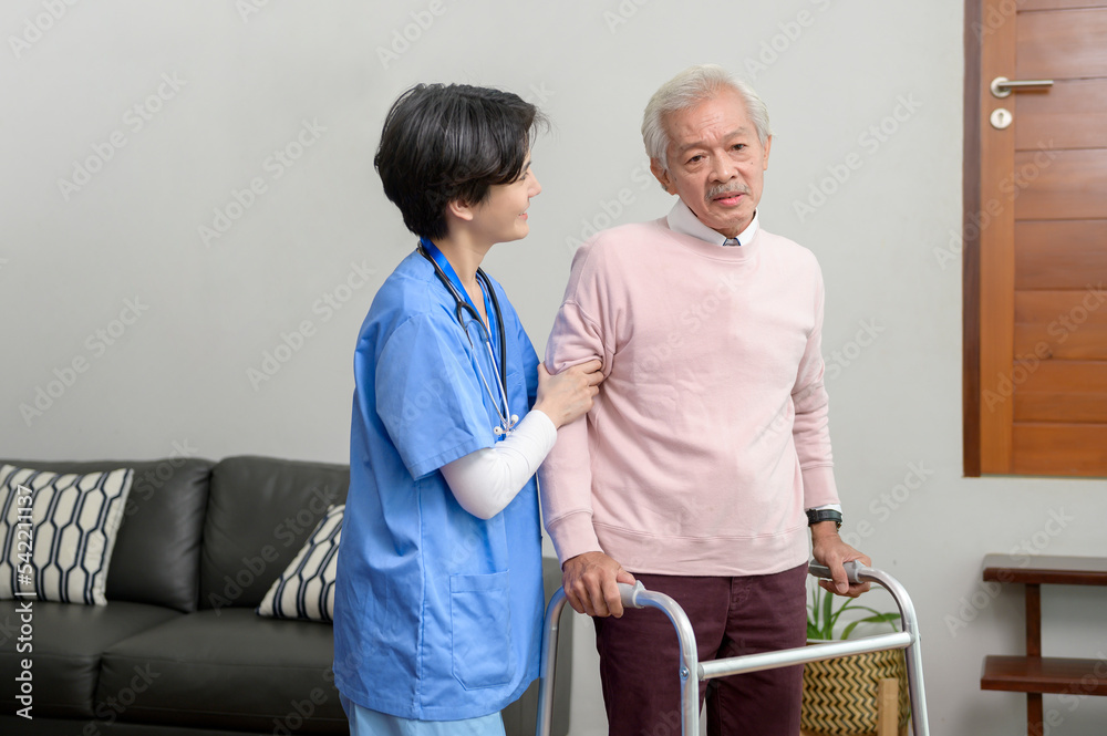 Asian nurse taking care of an elderly man with walker at senior healthcare center. Asian nurse taking care of an elderly man with walker at senior healthcare center.
