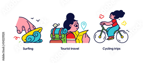 Summer activities and vacation concept illustrations. Surfing, Tourist travel, Cycling trips. Visual stories collection