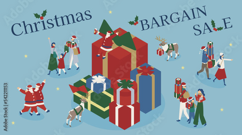 クリスマスにショッピングを楽しむ家族やサンタクロースたち