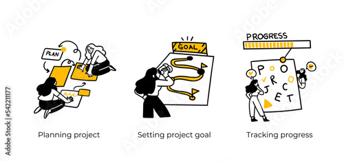 Remote Work Benefits, Limitations and Workflow Organization - abstract business concept illustrations. Planning project, Setting project goal, Tracking progress. Visual stories collection