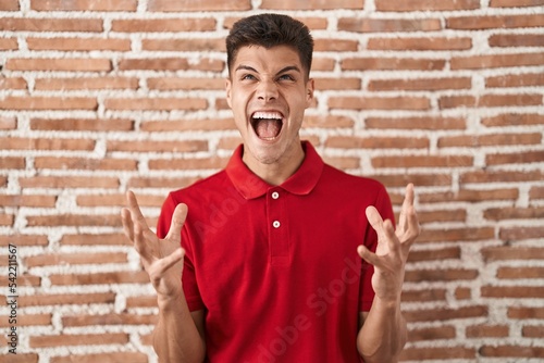 Young hispanic man standing over bricks wall crazy and mad shouting and yelling with aggressive expression and arms raised. frustration concept.