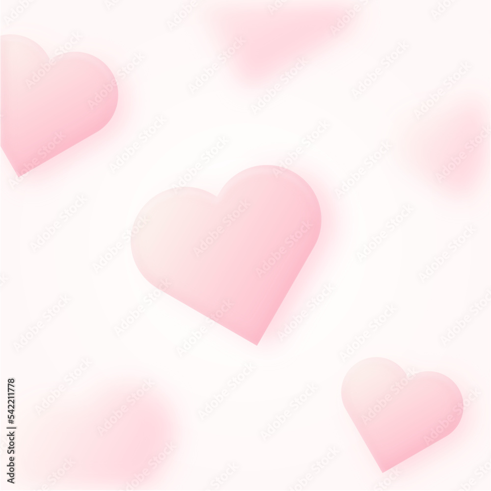Pink shiny hearts on pastel pink background with blurry effect. Square composition. Saint Valentine's day greeting card February 14 design. Love, wedding marriage ceremony celebration. Template for
