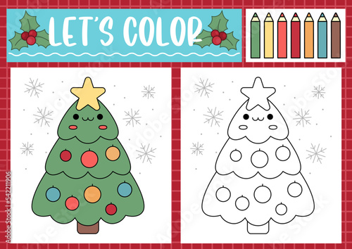 Christmas coloring page for children with cute kawaii decorated tree. Vector winter holiday outline illustration. Color book for kids with colored example. Drawing skills printable worksheet.