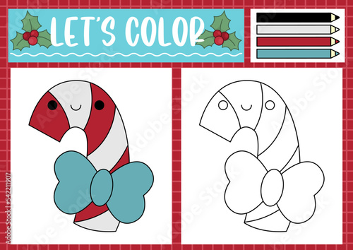 Christmas coloring page for children with cute kawaii caramel candy cane. Vector winter holiday outline illustration. Color book for kids with colored example. Drawing skills printable worksheet.