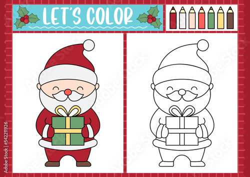 Christmas coloring page for children with cute kawaii Santa Claus. Vector winter holiday outline illustration. Color book for kids with colored example. Drawing skills printable worksheet.