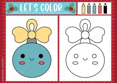Christmas coloring page for children with cute kawaii colored ball. Vector winter holiday outline illustration. Color book for kids with colored example. Drawing skills printable worksheet.