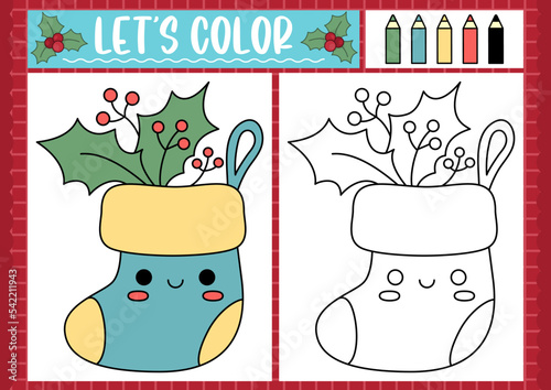 Christmas coloring page for children with cute kawaii stocking with holly. Vector winter holiday outline illustration. Color book for kids with colored example. Drawing skills printable worksheet.