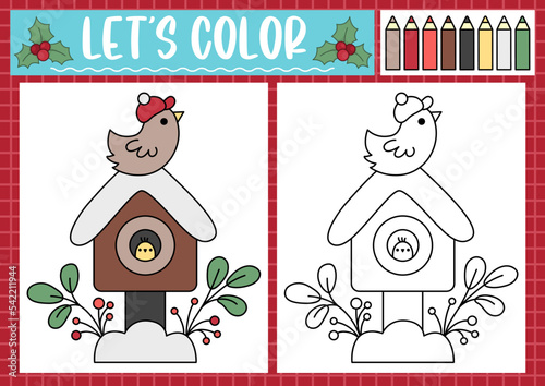 Christmas coloring page for children with cute kawaii bird house. Vector winter holiday outline illustration. Color book for kids with colored example. Drawing skills printable worksheet