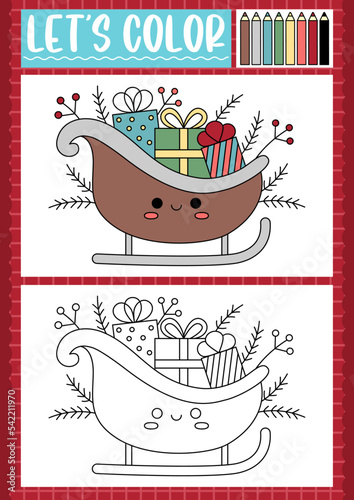 Christmas coloring page for children with cute kawaii Santa sledge with presents. Vector winter holiday outline illustration. Color book for kids with colored example. Drawing printable worksheet