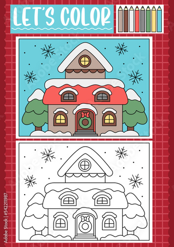 Christmas coloring page for children with cute kawaii decorated house. Vector winter holiday outline illustration. Color book for kids with colored example. Drawing skills printable worksheet.