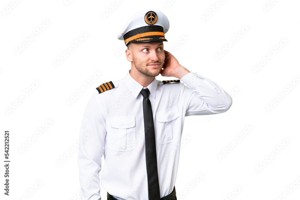 Airplane pilot man over isolated background thinking an idea