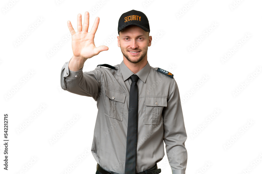 Young security caucasian man over isolated background counting five with fingers Young security caucasian man over isolated background counting five with fingers