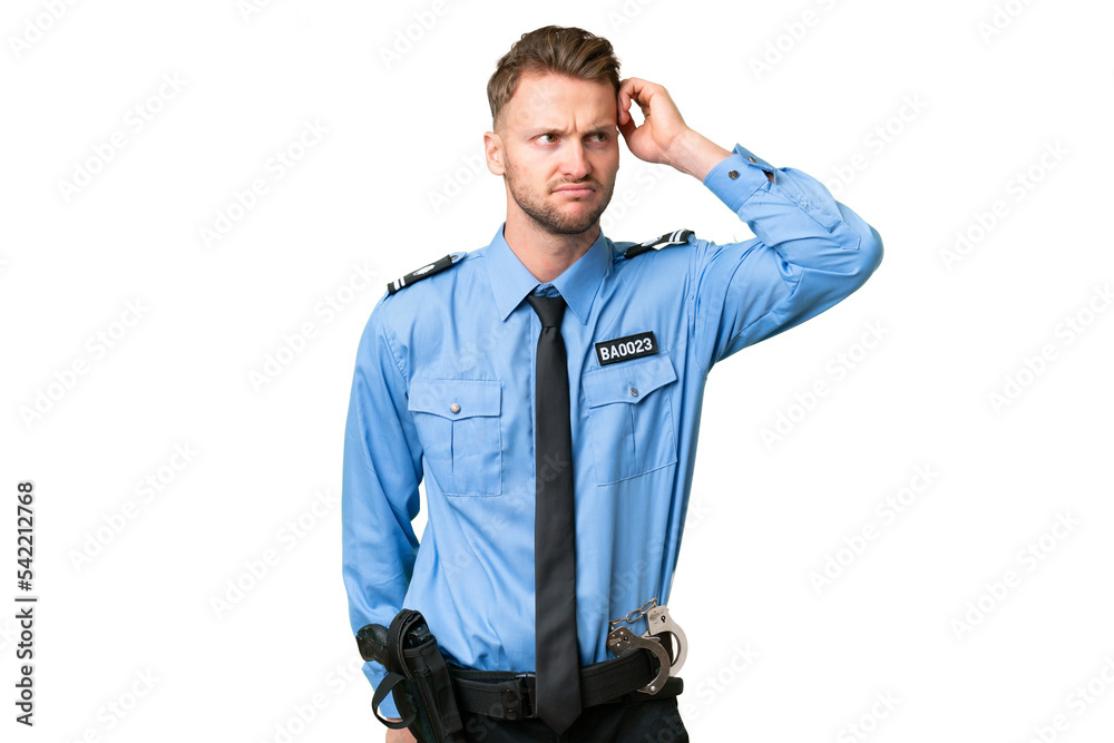 Young police man over isolated background having doubts and with confuse face expression Young police man over isolated background having doubts and with confuse face expression
