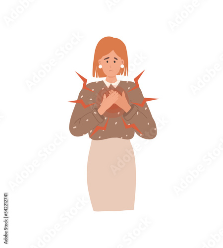 Woman feel chest pain. Heart attack or symptoms of heart disease. 