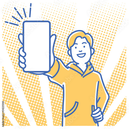 スマートフォンを手に持ち説明するカジュアルな若い男性